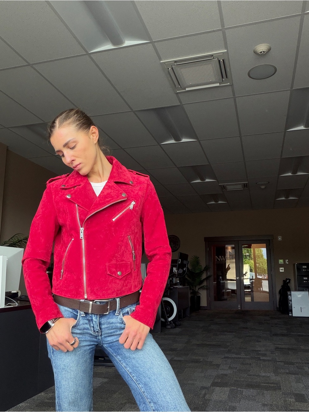 Red Suede Moto Jacket - Women